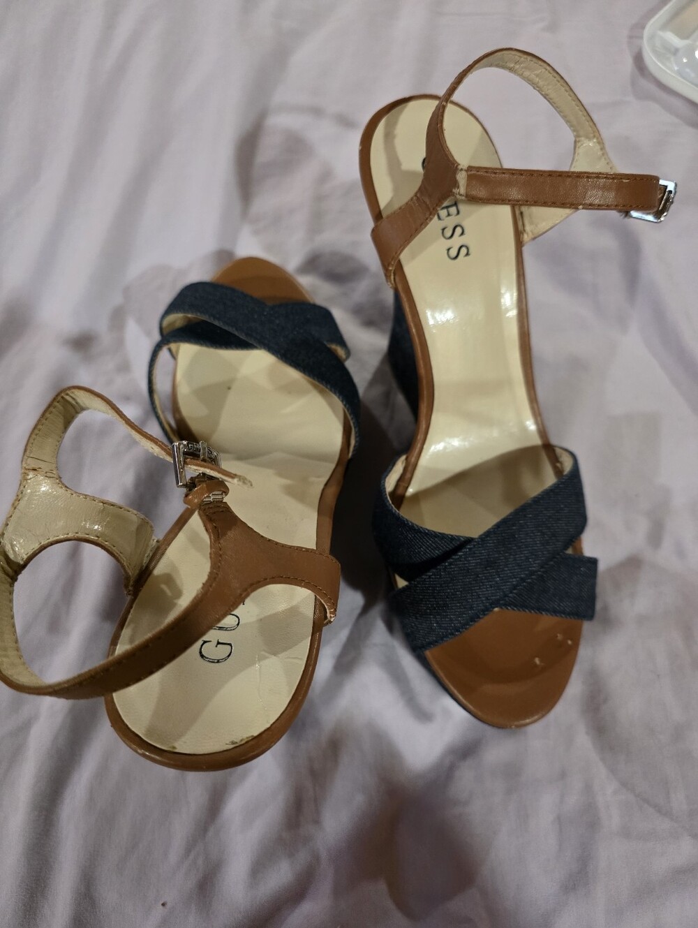 Ladies Guess Brown Leather & Navy Cross-Strap Sandal